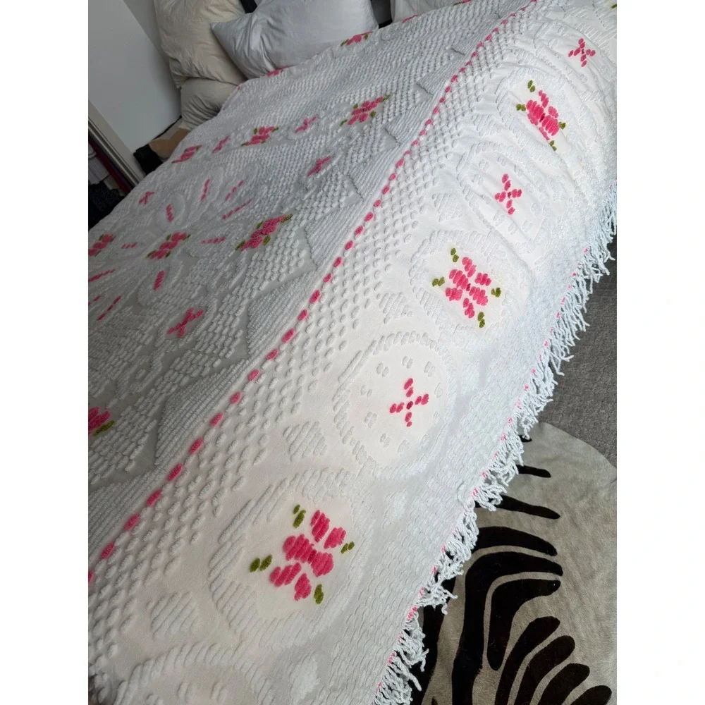 Vintage Pink Floral Chenille Bedspread